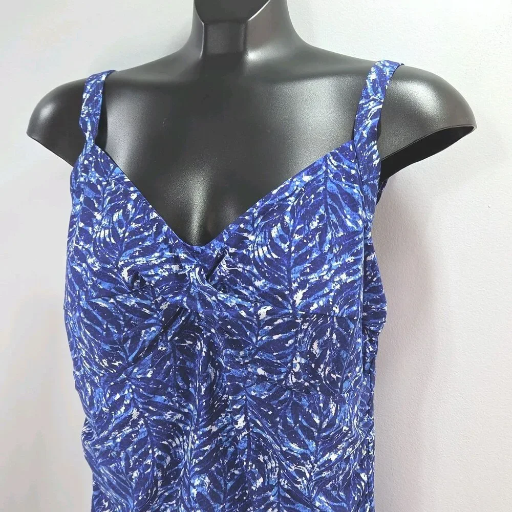 LL Bean Swim Top Tankini Women Sz 18 Padded Bra Blue White Adjustable UPF 50+